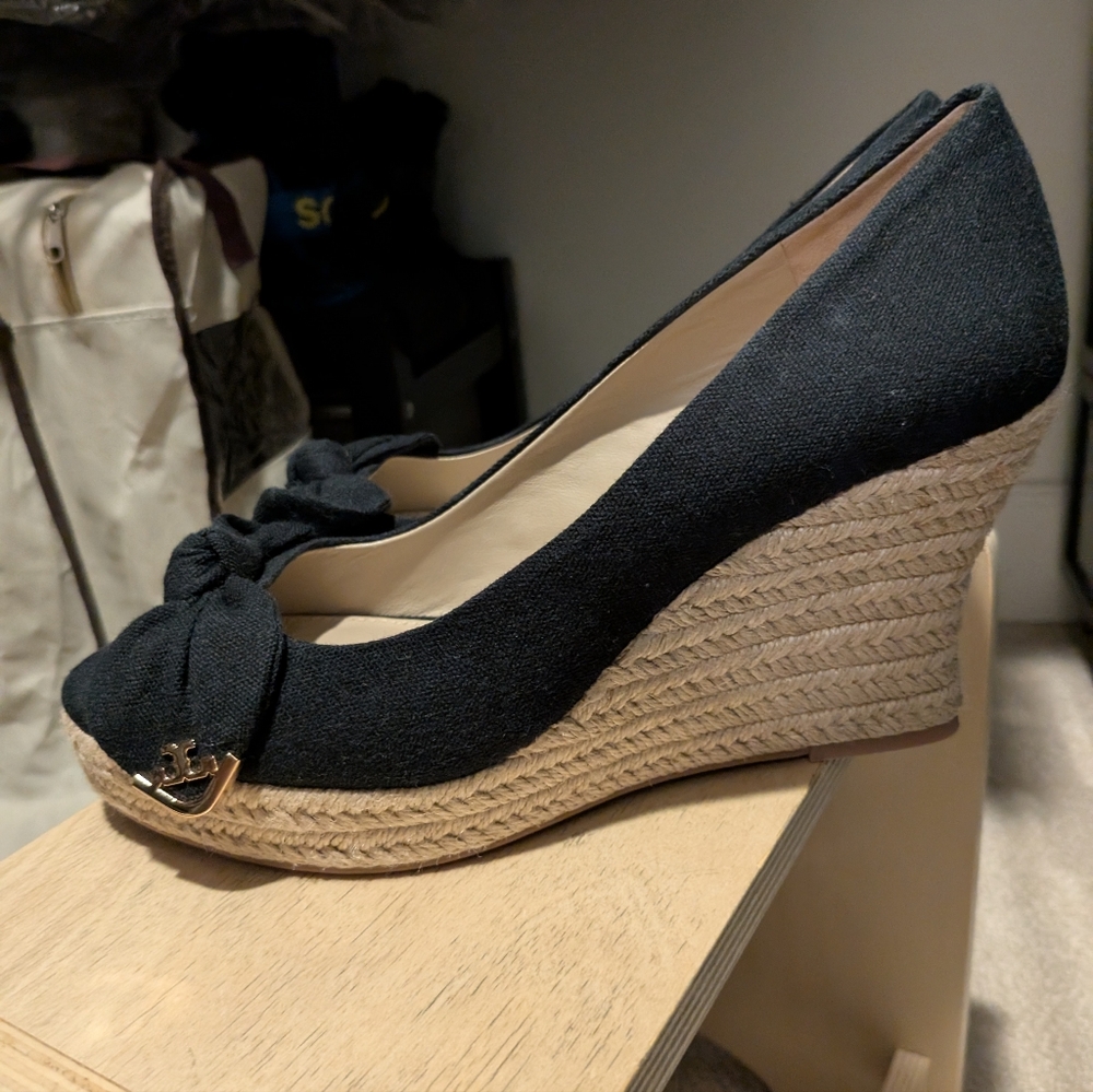 Tory Burch Black Canvas Peep Toe Wedge Pumps - Picture 5 of 10